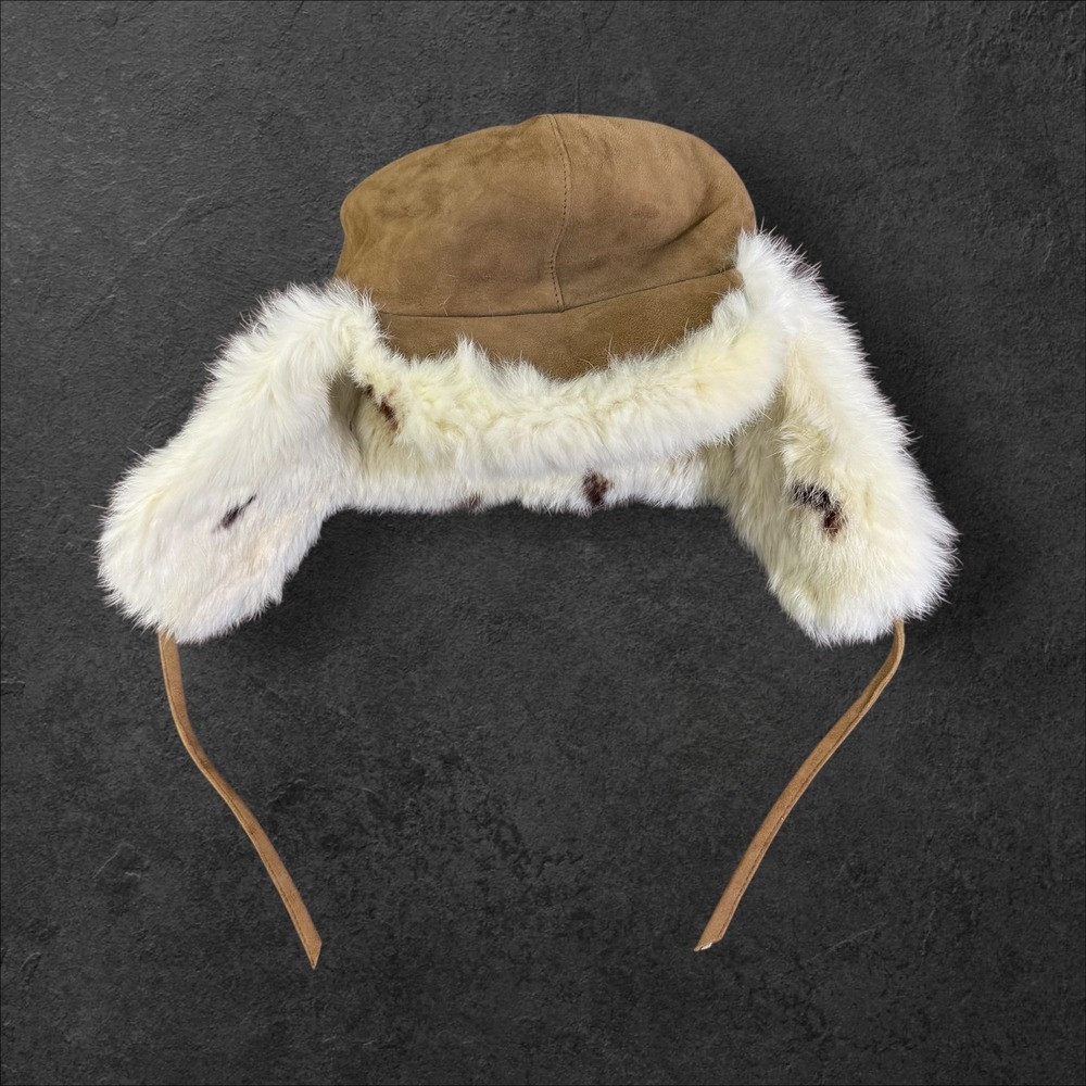 Vintage Finnish Suede Real‎ Fur Trapper Hat Brown White Aviator Ushanka Helsinki
